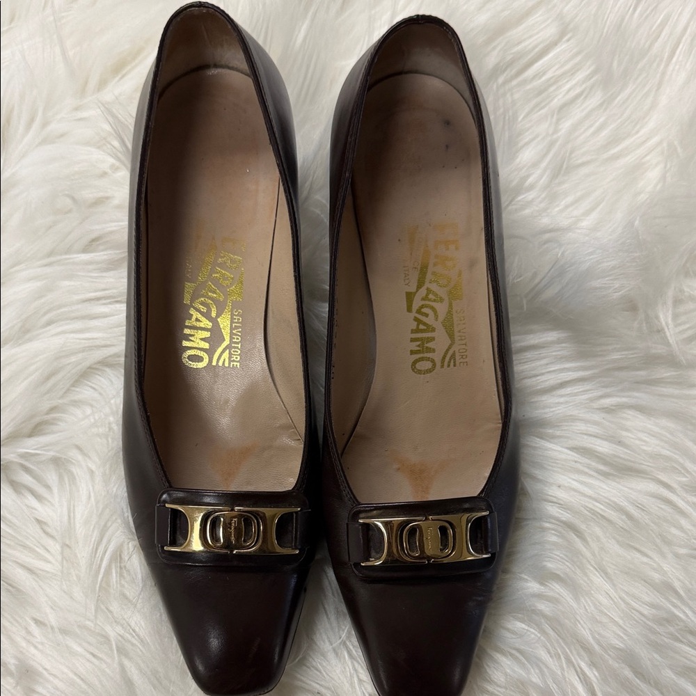 Salvatore Ferragamo Dark Brown Heels with Gold Buckle